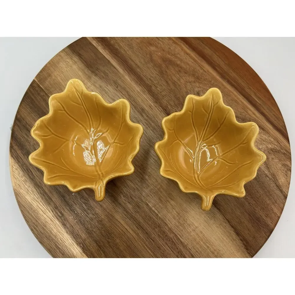 Pier 1 Leaf Bowls Set 2pc Ceramic Appetizer Nut Snack Dishes Mustard Yellow Fall